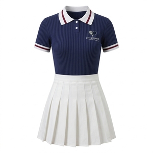 Women's One <b>Set</b> Pickleball Court Wear Ribbed Sports Polo Short Sleeve High-Waisted Crisp Knife Pleated Skirt Combo Breathable - Product Image 6