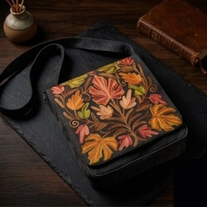 Sac messager brodé au point Crewel du Cachemire — Daim noir avec motif feuille de Chinar d'automne - Product Image 4