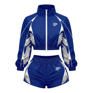 Ensemble veste coupe-vent et short multicolores pour femmes, manches longues, polyester tricoté, logo personnalisé, vêtements de sport pour femmes, ensembles respirants - Product Image 4