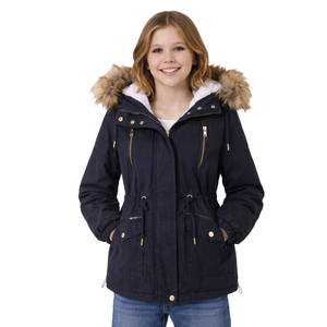 Parka à capuche marine pour filles, manteau d'hiver haut de gamme avec doublure en sherpa doux, capuche en fausse fourrure, taille ajustable avec cordon de serrage - Product Image 1