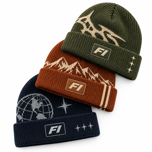 Gorro de punto jacquard personalizado al por mayor, gorro de invierno bordado, estilo urbano Y2K, unisex, con parches y logotipo, gorro de punto cálido con dobladillo. - Product Image 5