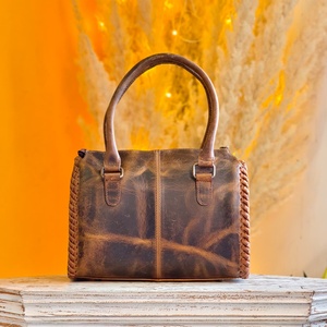 2026 Trending Designer Hand <b>Tooled</b> Brown & White Fur 100% Genuine <b>Leather</b> Mini Speedy Duffle Bag Vintage Style Handbag For Women - Product Image 4