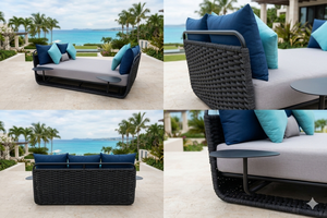 PRSB-010 Modern Rattan Double Daybed 2 <b>Side</b> <b>Tables</b> Comfortable Waterproof <b>Outdoor</b> Furniture for Living Room/Hotel/Beach/Villa - Product Image 5