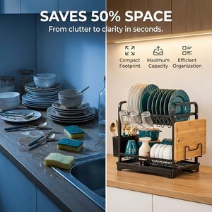 Escurridor de Platos de 2 Niveles, Organizador de Metal Negro con Portautensilios, Portavasos y Tabla de Cortar para Fregadero de Cocina - Product Image 6