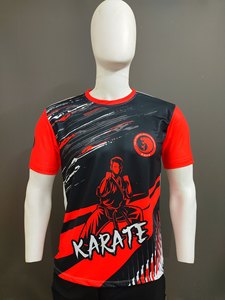 T-shirt de sport de karaté personnalisé pour homme, manches courtes, impression par sublimation, séchage rapide, col rond, coupe classique, motif rouge et noir - Product Image 1