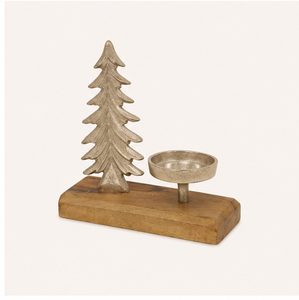 Handcrafted Silver Metal Christmas Tree <b>Tea</b> Light Holder With Solid Wooden Base Rustic Aluminum Holiday Candle <b>Stand</b> For Table - Product Image 4