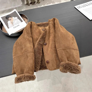 Women's Brown Suede Blouson Jacket With Faux Fur Lining Stand Collar Full Sleeve Winter Warm <b>Coat</b> - Product Image 2