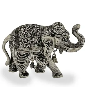 Statue d'éléphant traditionnelle plaquée argent, Sculpture faite à la main pour la décoration de la maison et les cadeaux