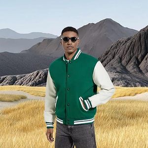 Veste universitaire pour homme en molleton vert et blanc, coupe classique, col rabattu, fermeture boutonnée, motif uni, polyester, pour l'automne - Product Image 3