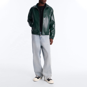 Blouson Bomber Homme en Cuir PU Vert Col Montant Fermeture Éclair Style Moto Décontracté Veste en Cuir Végétalien - Product Image 4
