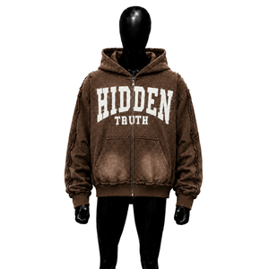 เสื้อฮู้ดซิปสีน้ำตาลพรีเมียม HIDDEN TRUTH สำหรับผู้ชาย ลายกราฟิก HIDDEN TRUTH ผ้าฝ้ายนุ่มคุณภาพสูง ทรงโอเวอร์ไซส์ ผ้าฟลีซลำลอง - Product Image 1