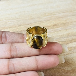 Statement Design <b>Tiger</b> <b>Eye</b> Brass Gemstone <b>Ring</b> Gold Plated Leaf Texture Tribal Vintage Style Chunky Handmade Wholesale Womens - Product Image 2
