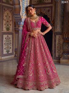 Indian Bridal <b>Lehenga</b> Set Velvet Netted Dupatta Zardosi Embroidered Wedding Dress Bride Outfit - Product Image 1