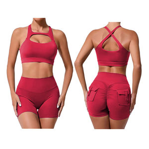 Conjunto Deportivo de Yoga de 2 Piezas para Mujer: Top Halter Sin Espalda y Shorts de Cintura Alta de Secado Rápido en Spandex/Nylon para Gimnasio y Fitness - Product Image 4