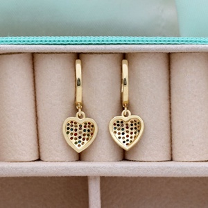 Wholesale 925 <b>Solid</b> Sterling <b>Silver</b> Gold Plated Multicolor CZ Pave Heart Charm Huggie Hoop <b>Earrings</b> Fine Jewelry Memoria Jewels - Product Image 2