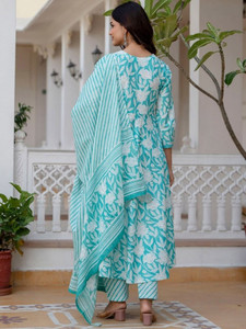 Women's Floral Digital Print Quick Dry Blue Cotton Kurta Set <b>Trousers</b> Regular Fit Knee-Length Traditional <b>Indian</b> Pakistani Wear - Product Image 6