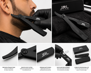 Navaja de afeitar recta JRL negra y dorada con mango antideslizante para uso en barberías - Product Image 5
