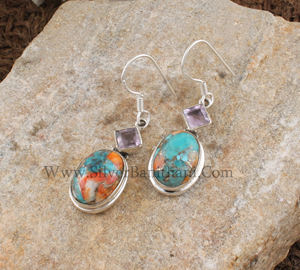 Boucles d'oreilles pendantes en argent sterling 925 avec coquille d'huître épineuse naturelle, turquoise et pierres précieuses composites orange et bleues, style bohème, cadeau de fête - Product Image 4