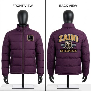 เสื้อแจ็คเก็ตพัฟเฟอร์บุใยโพลีเอสเตอร์พองจีสีม่วงสำหรับผู้ชาย ZAINI หนัก 150 GSM แบบเย็บแนวนอน กันน้ำ กันลม มีฮู้ด สำหรับฤดูหนาว ผลิตตามแบบ OEM - Product Image 3