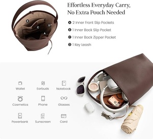 Women's Brown Genuine <b>Leather</b> Bucket <b>Bag</b> <b>Soft</b> Handle String Closure Modern Style Daily Use - Product Image 3