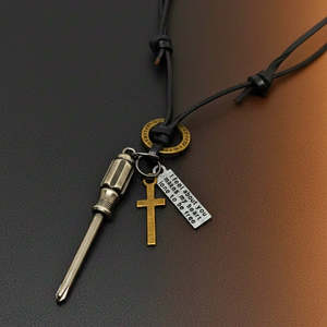 Fashion Pendant Necklace 2.5-Inch Pure Stainless Steel Pendant with Adjustable Leather <b>Rope</b> for Men & Boys - Product Image 4
