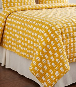Boho Cotton Yellow Floral Kantha Quilt Handmade Block Print Reversible Bed Cover Floral <b>Bedding</b> - Product Image 1