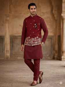 Conjunto de Kurta y Pijama de Seda para Hombre, para Fiestas, con Chaqueta Koti de Satén Malai Bordada - Product Image 6