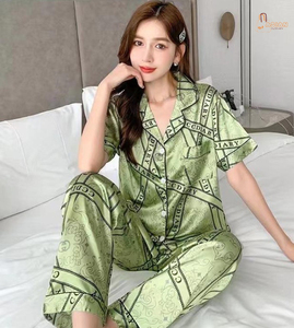 Women's Short Sleeve Pajama Set Cotton Letter Print Casual Sleepwear Summer Full Length <b>Turn</b>-down Collar Button Fly - Product Image 6