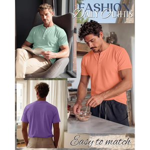 เสื้อยืดแขนสั้นผู้ชาย คอวี ทรงปกติ สีพื้น ผ้าถัก สไตล์ลำลอง สีมิ้นท์ม่วงคอรัล - Product Image 4