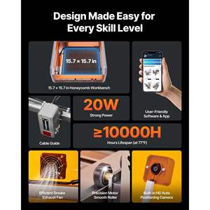 Máquina de Grabado y Corte Láser de 20W, Área de Trabajo de 15.7 x 15.7, Velocidad de 30000 mm/min, con Cámara y Cubierta, para Madera, Papel y Algunos Metales, Clase 1 - Product Image 3