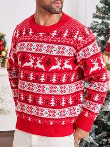 Pull à col rond pour homme, style rétro américain, automne-hiver, pull de Noël, tricot jacquard avec bordure côtelée - Product Image 5