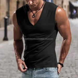 Débardeur décontracté avec col respirant en coton côtelé sans manches méthode de tissage tricotée impression sérigraphique - Product Image 1