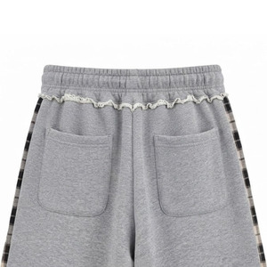 Men's Grey Wide Leg <b>Sweat</b> <b>Shorts</b> Lace Trim Plaid Side Stripe Baggy Streetwear Jorts - Product Image 4