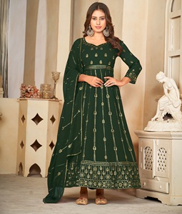 Elegante Traje Anarkali Verde para Mujer, Manga 3/4, Georgette Crepé, Semi-Cosido, para Bodas y Ocasiones Festivas - Product Image 2
