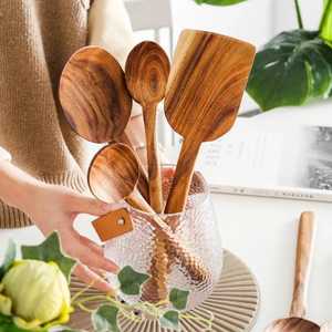 Contemporary 7-Piece Bamboo Cooking Utensil Collection Professional Wooden Slotted Spatula and <b>Pasta</b> Server Set - Product Image 2