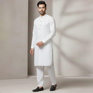 Ensemble Kurta Shalwar en coton blanc pour homme, coupe régulière, longueur cheville, tenue décontractée traditionnelle pour l'Inde et le Pakistan - Product Image 1