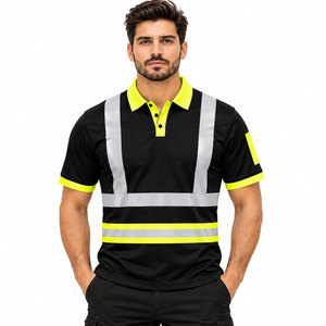 Men's Short Sleeve Hi <b>Vis</b> Reflective Polo <b>Shirt</b> Black Fluorescent Yellow Workwear Polo <b>Shirt</b> - Product Image 2