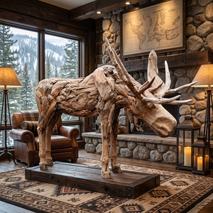 Handcrafted <b>wooden</b> moose bull head down sculpture <b>rustic</b> teak driftwood animal statue antlers floor decoration space unit layout - Product Image 2