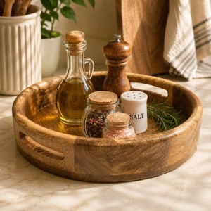 Bandeja Redonda de Madera para Servir con Asas, Diseño Minimalista, un Solo Compartimiento, Bandejas de Almacenamiento para Cocina, Acabado Natural - Product Image 5