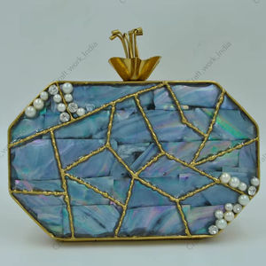 Handcrafted Blue Mother Of <b>Pearl</b> Mosaic <b>Clutch</b> With Gold Metal Frame Luxury Evening Party Wedding <b>clutch</b> handbag for women - Product Image 1
