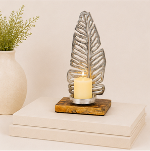 Handcrafted Silver Metal <b>Leaf</b> Pillar Candle Holder With Natural Mango Wood Base For Tabletop Living Room Decor & Wedding - Product Image 4