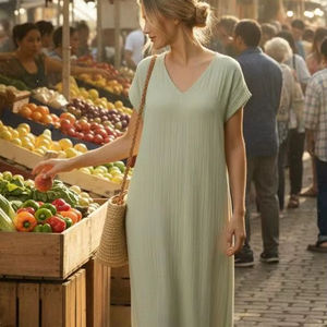 Robe de chambre en coton pour femme, longue, style vintage, avec manches courtes en lin, chemise de nuit, pyjama, tenue de nuit, robe de détente - Product Image 1