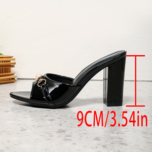 Mules de tacón de bloque con dos tiras y cristales - Negros de charol con punta, sandalias de tacón alto con lazo floral de verano - Product Image 6