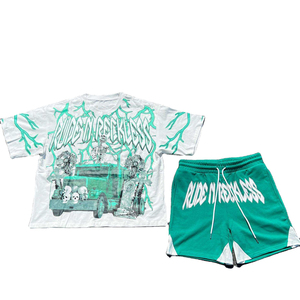 Ensemble T-shirt et short pour homme, noir, 100% coton, streetwear, avec logo imprimé numérique personnalisé sur le devant, short assorti, tenue décontractée d'été - Product Image 3
