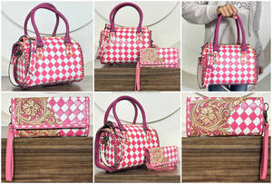 Conjunto de dos piezas a juego: bolso Speedy a cuadros rosa y blanco y cartera, bolso de mano a la moda para mujer, elegante bolso bandolera. - Product Image 3