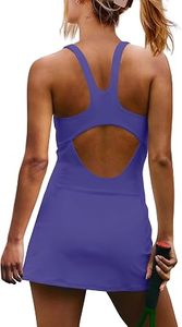 Robe de tennis pour femme, col carré, violette, ajustée, sans manches, respirante, 100% polyester, couleur unie, vêtements de sport - Product Image 4