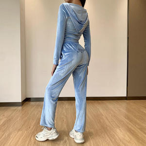 Ensemble de survêtement décontracté pour femme en velours bleu avec capuche, broderie ange, tenue de détente longue pour l'automne - Product Image 4