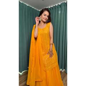 Ensemble de vêtements de fête pour femmes de designer haut et bas Dupatta avec miroir en papier complexe - Product Image 4