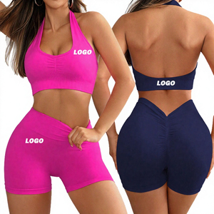 Women's 2-Piece Sports Set Solid Color Halter Crop Top <b>High</b> Waist Biker Shorts Spandex/Nylon Quick Dry All Seasons - Product Image 2