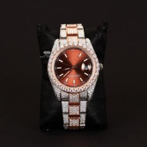 Montre de luxe pour homme, entièrement sertie de diamants Moissanite, cadran marron, acier inoxydable rose, style Hip Hop Bling - Product Image 1
